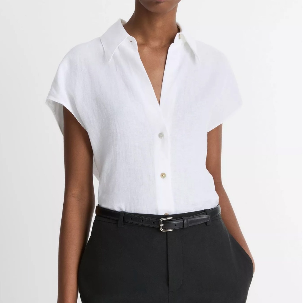 VINCE Womens Sz. XL Linen Cap-Sleeve Button-Front Blouse, Optic White - Picture 2 of 5
